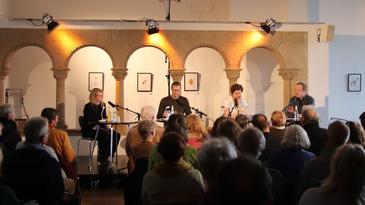 v.l.n.r.: Nadja Küchenmeister, Nico Bleutge, Judith Schalansky und Tobias Lehmkuhl © LCB v.l.n.r.: Nadja Küchenmeister, Nico Bleutge, Judith Schalansky und Tobias Lehmkuhl © LCB