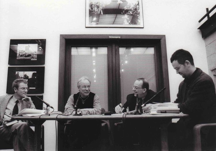 Studio LCB im November 1997, v.l.n.r. Heinrich Detering, W.G. Sebald, Denis Scheck, Gustav Seibt © Renate von Mangoldt